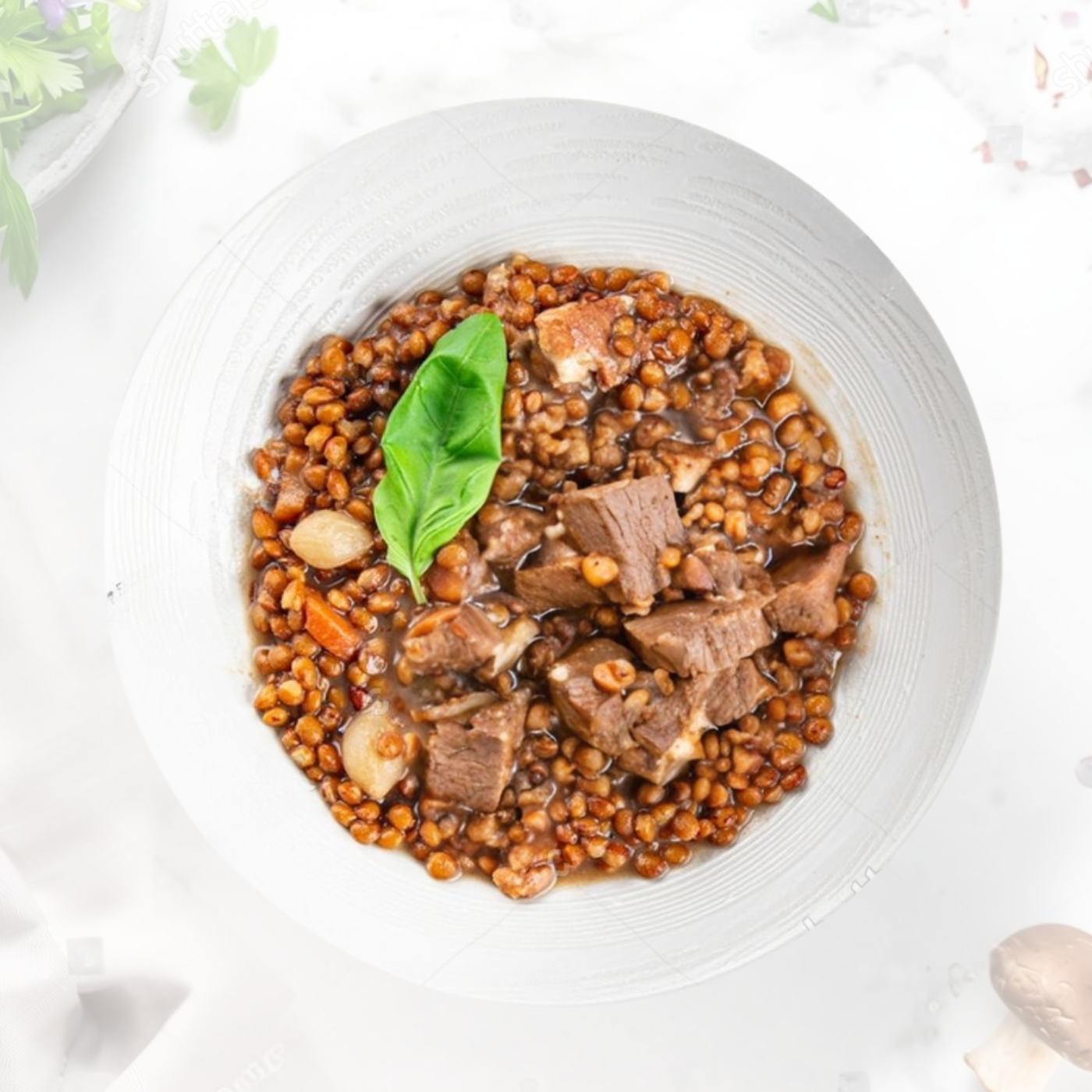 Lentil Stew with Beef and Side Dish
